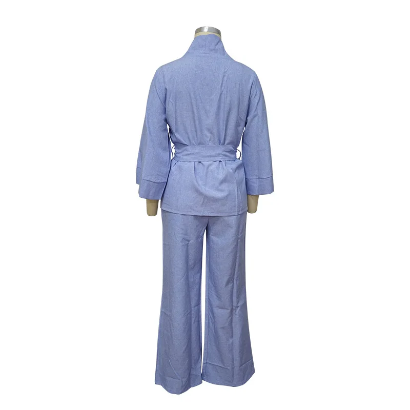 

Half Sleeve Women OL Two Piece Set Autumn New Fashion Elegant Lady Slim Open Jacket +wide Leg Pants Woman 2 Pieces Set With Belt