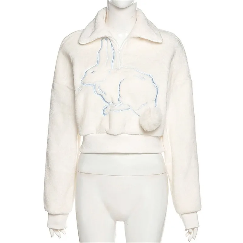 

Women Y2k Shirts 2021 New Autumn and Winter New Women Cute Sweet Loose Fashion Rabbit Embroidery Half Zipper Long Sleeve Sweater