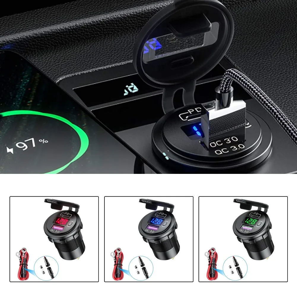 

Car Charger Adapter With Switch QC 3.0+PD 12V-24V LED Dual USB Car Fast Charger Socket Power Outlet Touch Switch 60cm Cable