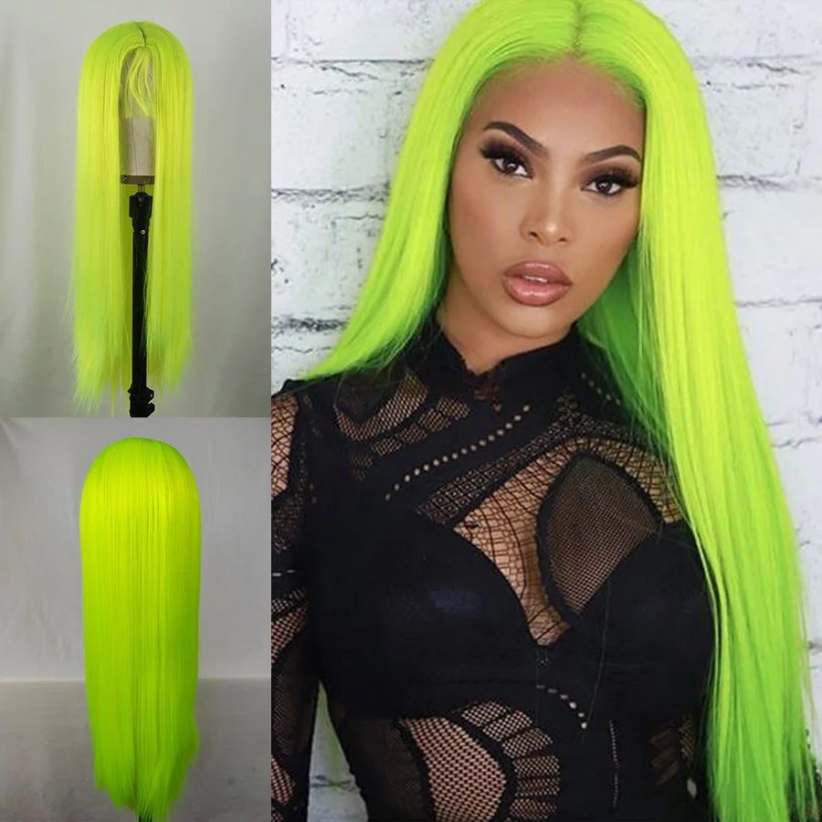 Флуоресцентные зеленые синтетические волосы парики длинные прямые средней