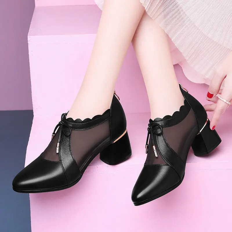 2021 Ladies High Heels Leather Shoes Mesh Sexy Pointed Black Fashion Women's Shoes Mid-heel Ladies Single Shoes With Heel