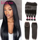 Luduna перуанские пучки волос с застежкой, прямые волосы, 3 пупряди с застежкой, человеческие волосы, пучки с 4*4 закрытием, Remy