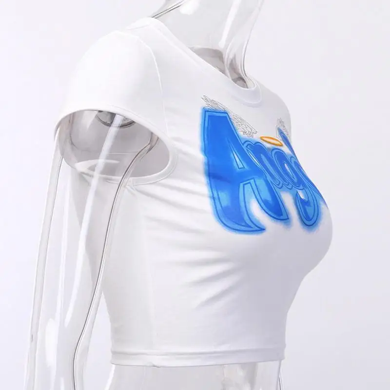 

Angel Letter Print Crop Tops Harajuku T-shirt Europen Tide Brand Slim Short Round Neck Short Sleeve Summer T-shirt