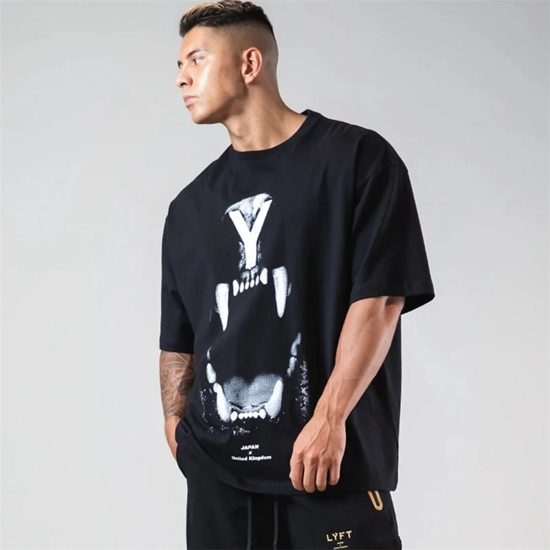 

Футболка мужская Спортивная оверсайз, хлопковая эластичная рубашка с большим логотипом, для спортзала, фитнеса, бега