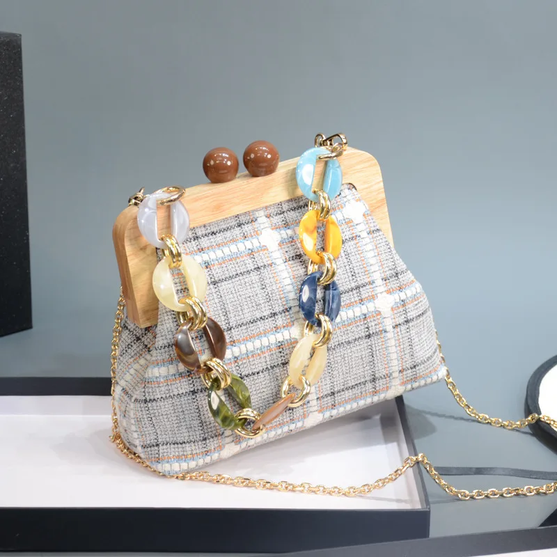 Bolsa de hombro, Сумка с акриловой ручкой, сумка на плечо с цепочкой, холщовая, в полоску, с деревянным зажимом, через плечо, сумки-мессенджеры для женщин