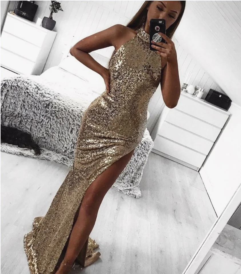 

Gold Sequins African Evening Dress 2022 Sexy Slit Prom Dresses Elegant Mermaid Floor Length Formal Dress Robes De Soirée Femme