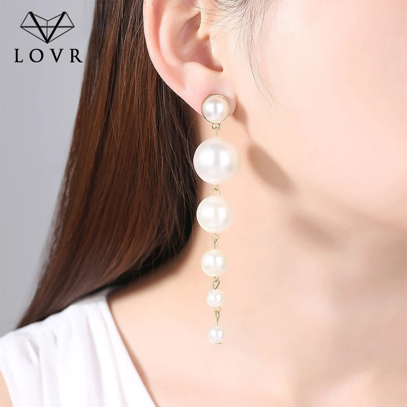 

LOVR Trendy Elegant Created Big Simulated Pearl Long Earrings Pearls String Statement Drop Earrings For Wedding Party Gift 2019