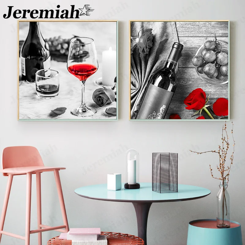 

Modern Fashion Red Canvas Poster Red Wine Glass Rose Flower Painting Wall Art Nordic Minimalism Home Restaurant Decoration
