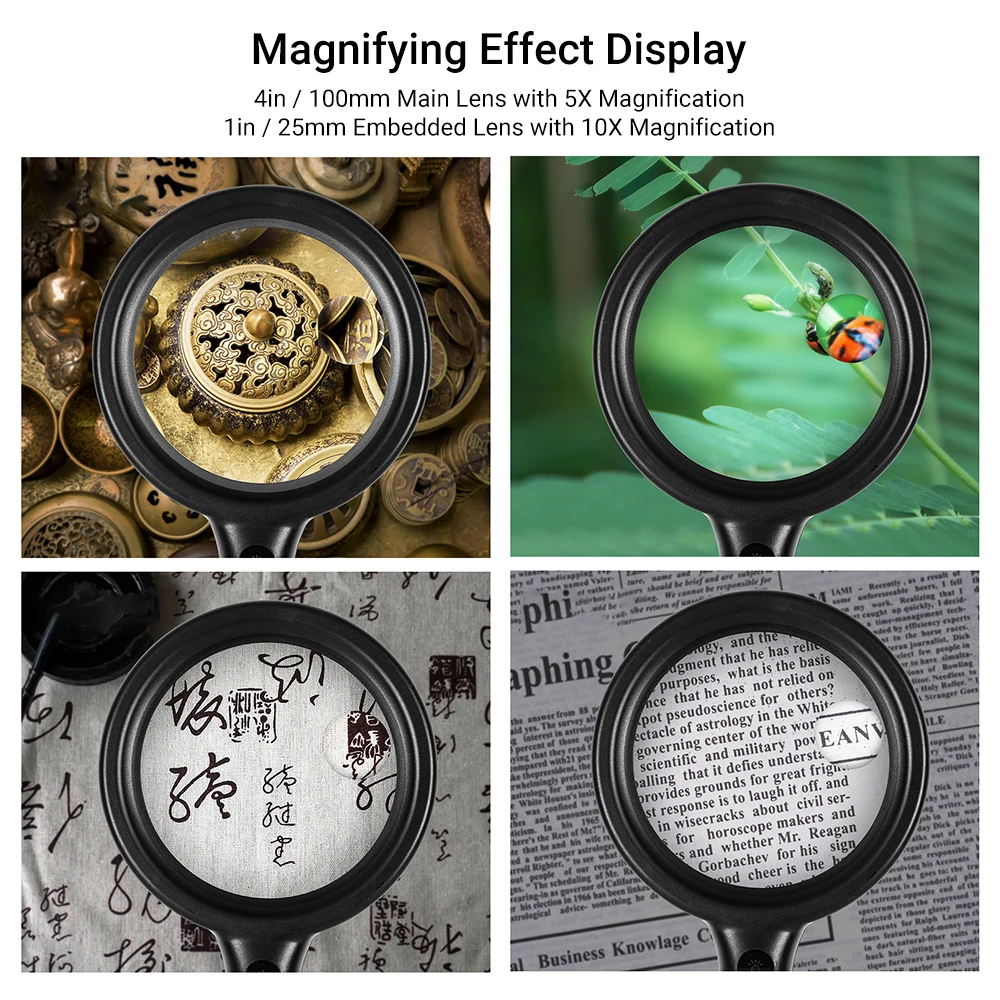 

Handheld Portable 5X/10X Magnifier Rechargeable Magnifying Glass with 33pcs LED Light 3 Brightness Adjustment for Reading