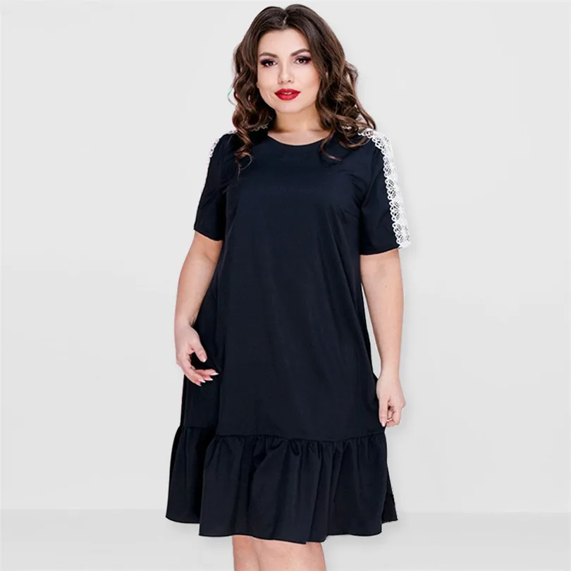 6XL кружева прошитая с короткими рукавами платья женские летние туника элегантные