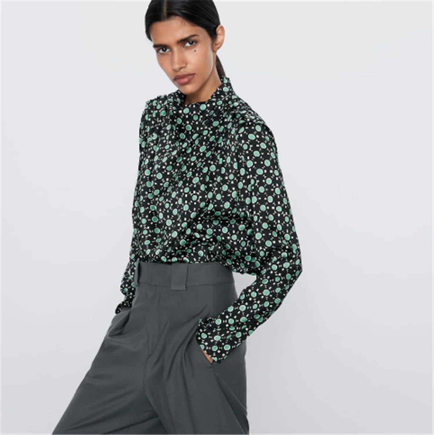 2020 ZA новая весенняя женская рубашка с принтом модная зеленая шифоновая Boho со