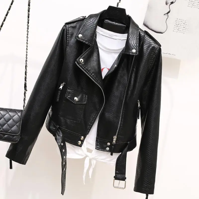 

2020 New Women Faux Leather Jacket Spring Autumn Biker Moto Coats Ladies with Belt Black Streetwear Short Leather Outwear