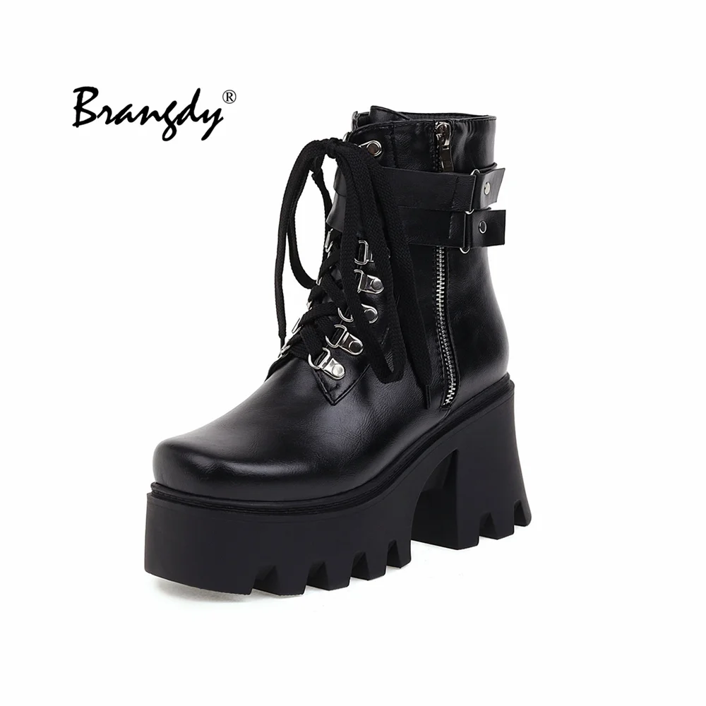 

Brangdy Women Martins Boots Chunky Platform Winter Lace Up Martens Ankle Boots Lady Combat Booties Goth Low 10cm High Heels