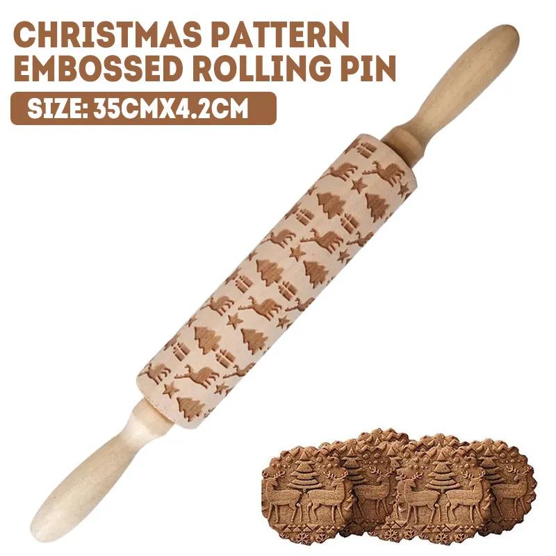 

Rolling Pin Pastry Tools Creative Christmas Wooden Baking Wood Embossed Bread Embossing Rolling Pin Stick Roller Party 35cm