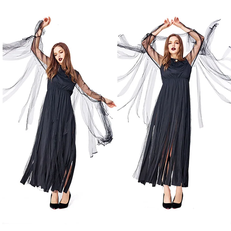 Женское длинное платье ведьмы готическое черное макси с бахромой для взрослых и