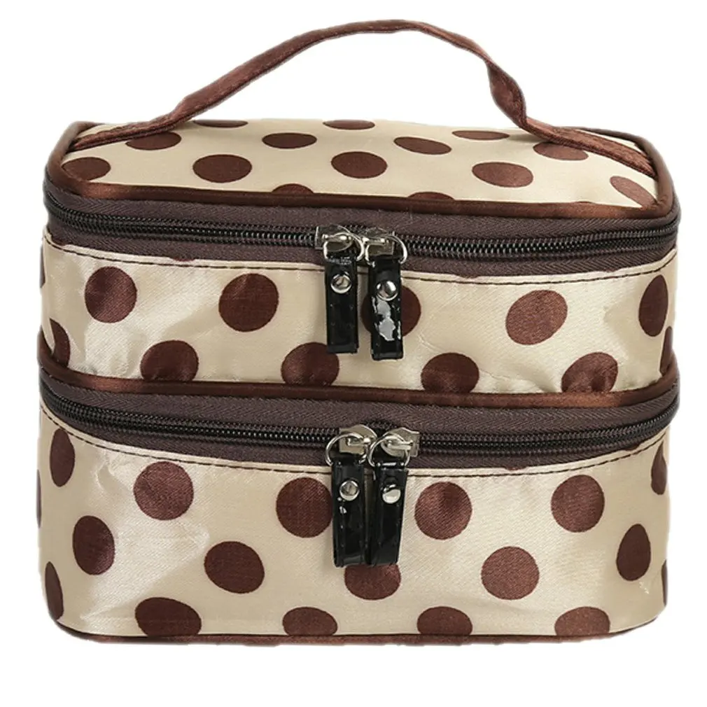 

Women's Bag Makeup Dot Pattern Portable Cosmetic Handbag Double Layer Toiletry Bag Washing Bags With Mirror Storage Bags