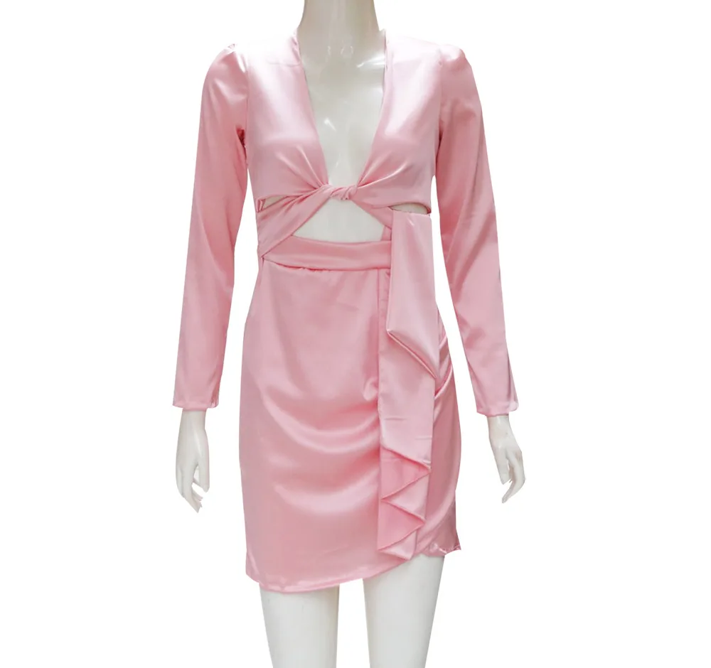 

Women New Long Sleeve Draped Bandage Sexy V-neck Above Knee, Mini Party Dress