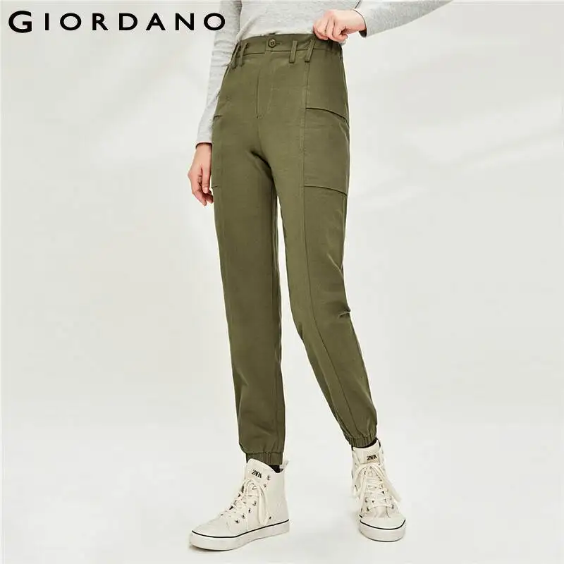 

Giordano Women Pants Cargo Pockets Cuffs Trousers Elastic Waistband Banded Zip Fly Soft Soild Green Pantalones Mujer 90410610