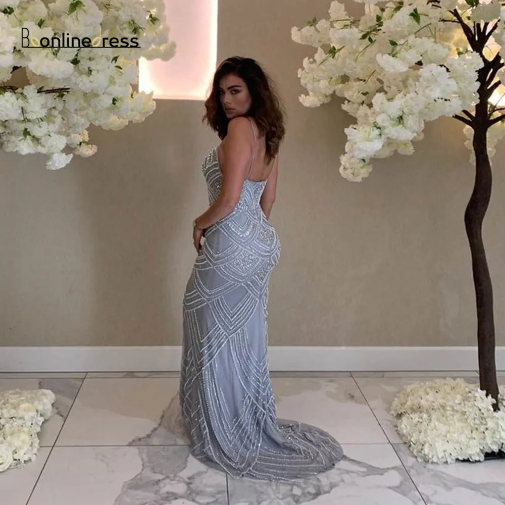 Bbonlinedress серебряные бретельки Вечерние платья Длинные Кристаллы бусины