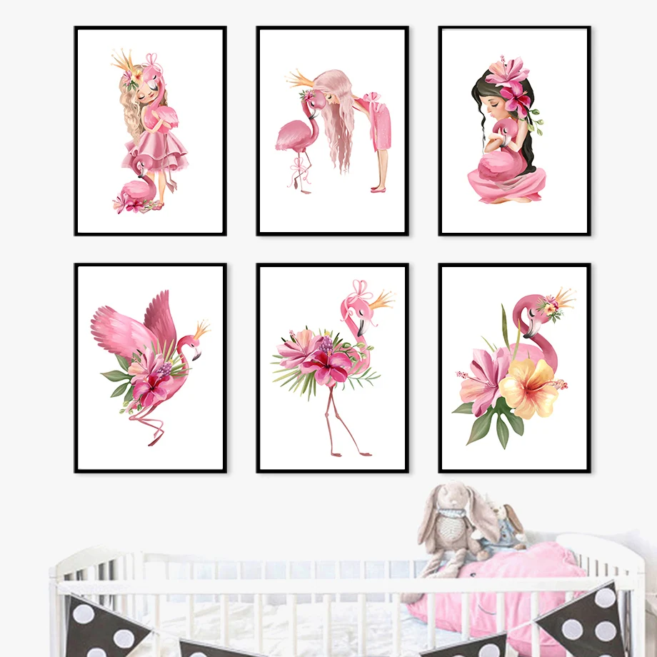 Декор для комнаты девочки Постер в скандинавском стиле розовые фламинго цветы