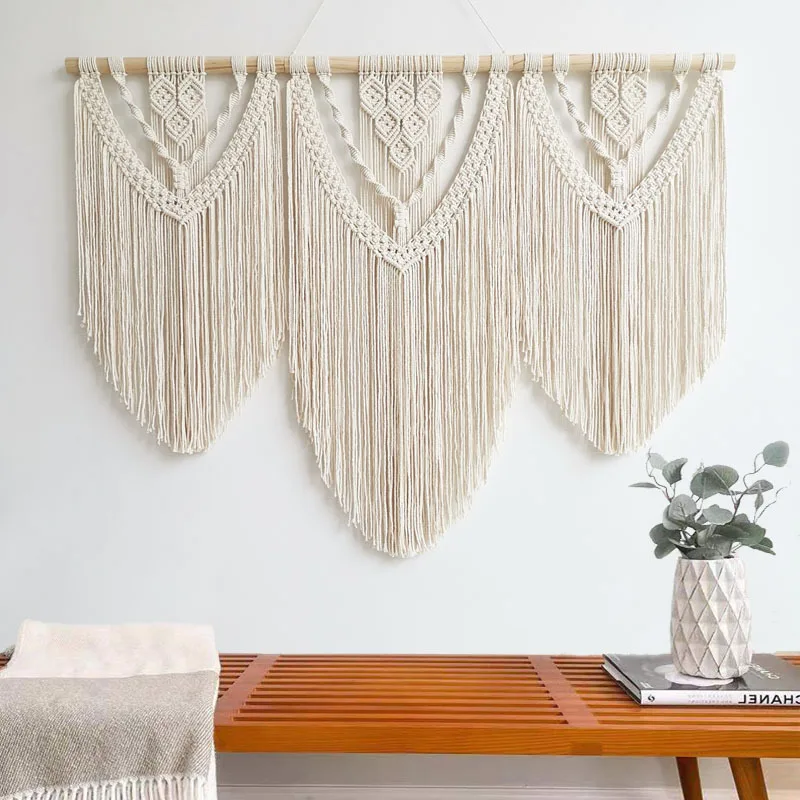 

New Hand-woven Macrame Tapestry Wall Hanging Geometry Art Bohemian Home Room Wall Decor Tapestry With Sticks Large Size 120x80cm