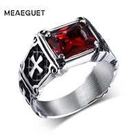 vintage red crystal stone knight ring jewelry for men stainless steel cross pattern middle ages style anel cruz dropshipping