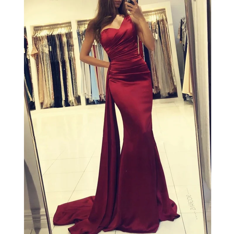

Платье атласное на одно плечо, пикантное длинное в арабском стиле, винно-красное, для свадьбы, торжественной вечеринки, выпускного вечера