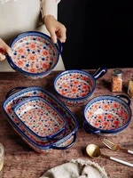 snow plum ceramic handle round baking bowl hand drawn craft retro breakfast binaural salad pasta pan in glaze dinnerware