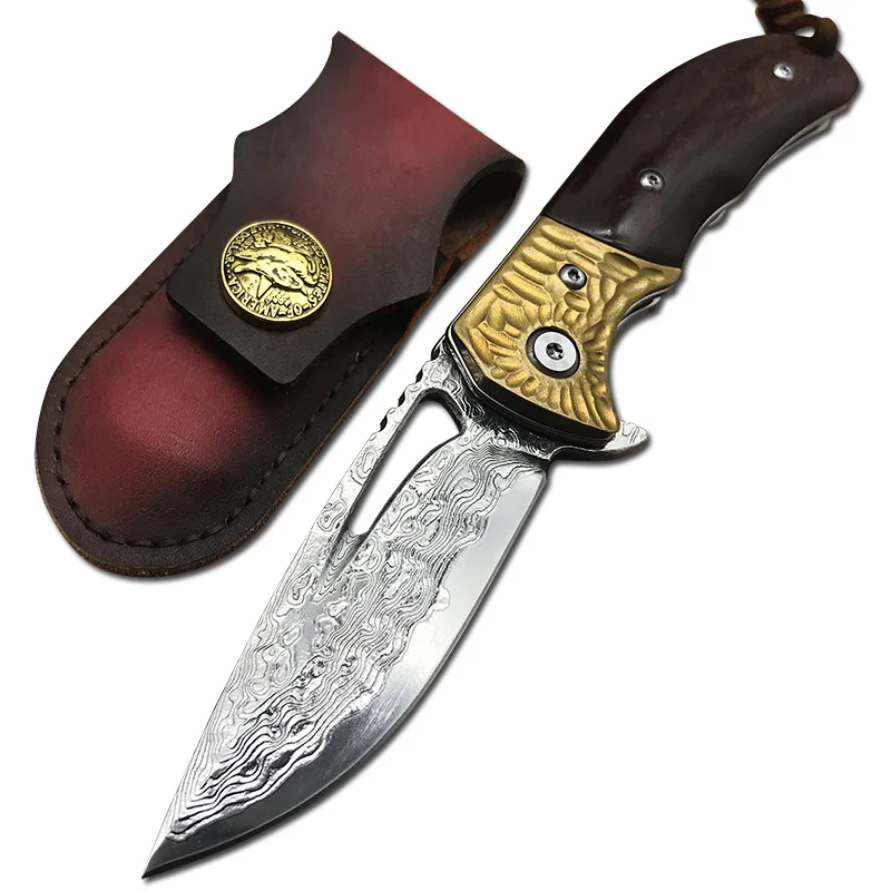

NEW VG10 Damascus Tactical Folding Pocket Knife Cow Bone + Brass Handle Survival Hunting EDC Tools Fruit Knife w/ Cowhide Sheath