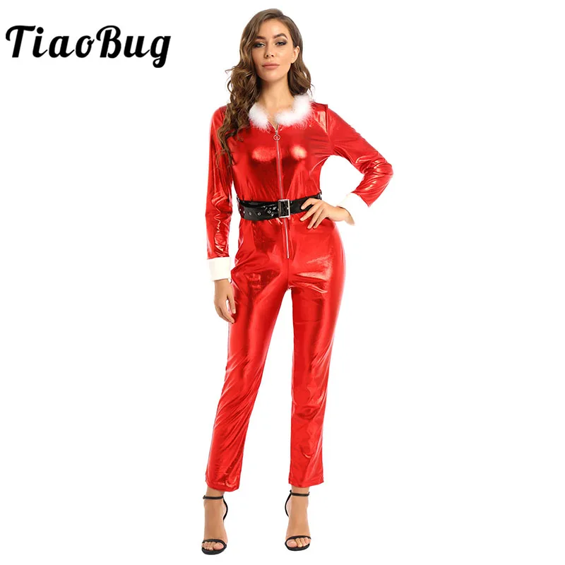 

Women Long Sleeves Furry Front Zipper Jumpsuit Holiday Santa Claus Cosplay Party Xmas Dress Up Ladies Christmas Costume Clubwear