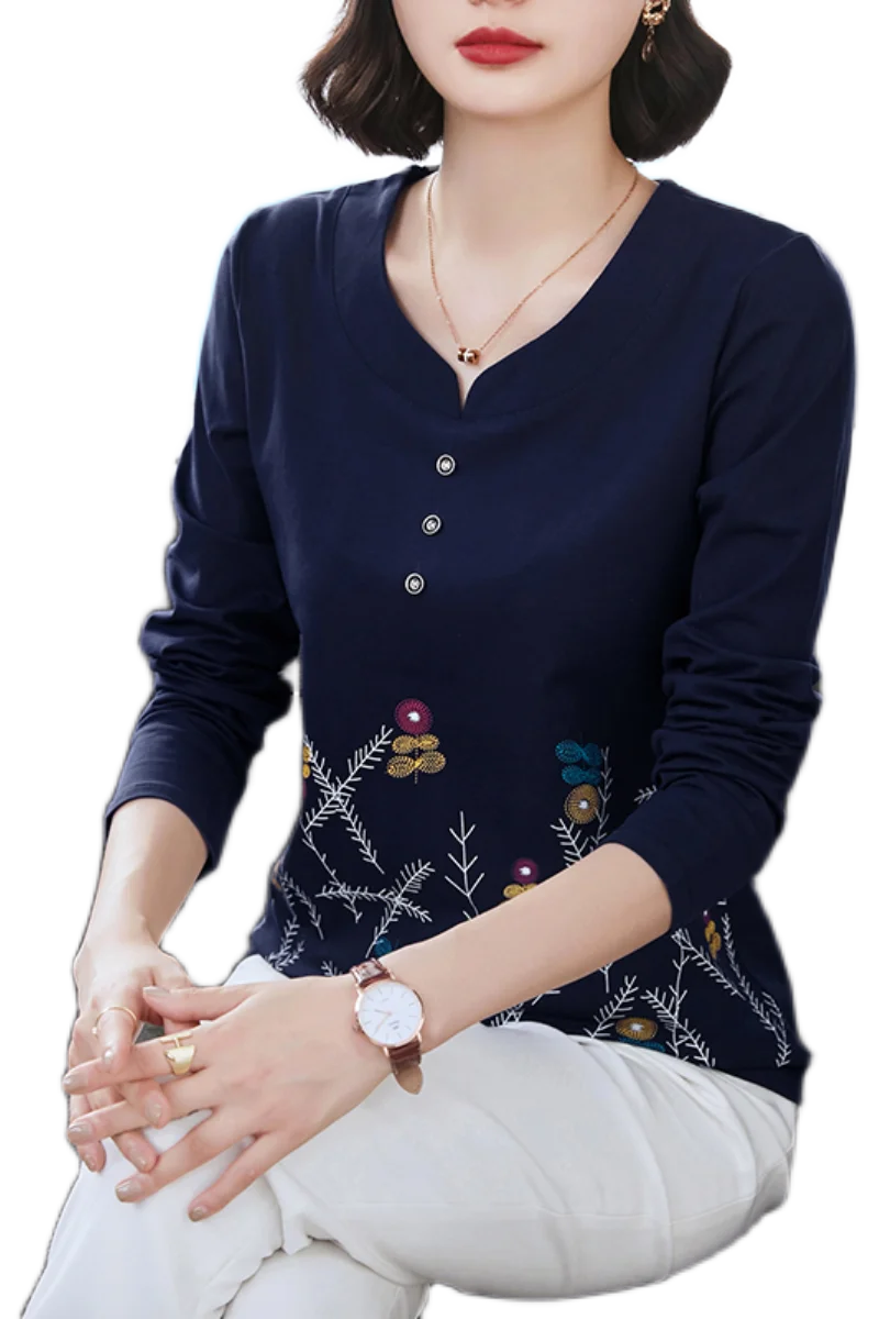 

Autumn Winter Women National Style Print Long Sleeve T-shir Large Size Cotton T Shirt Slim Fit Versatile V Neck Bottoming Shirt