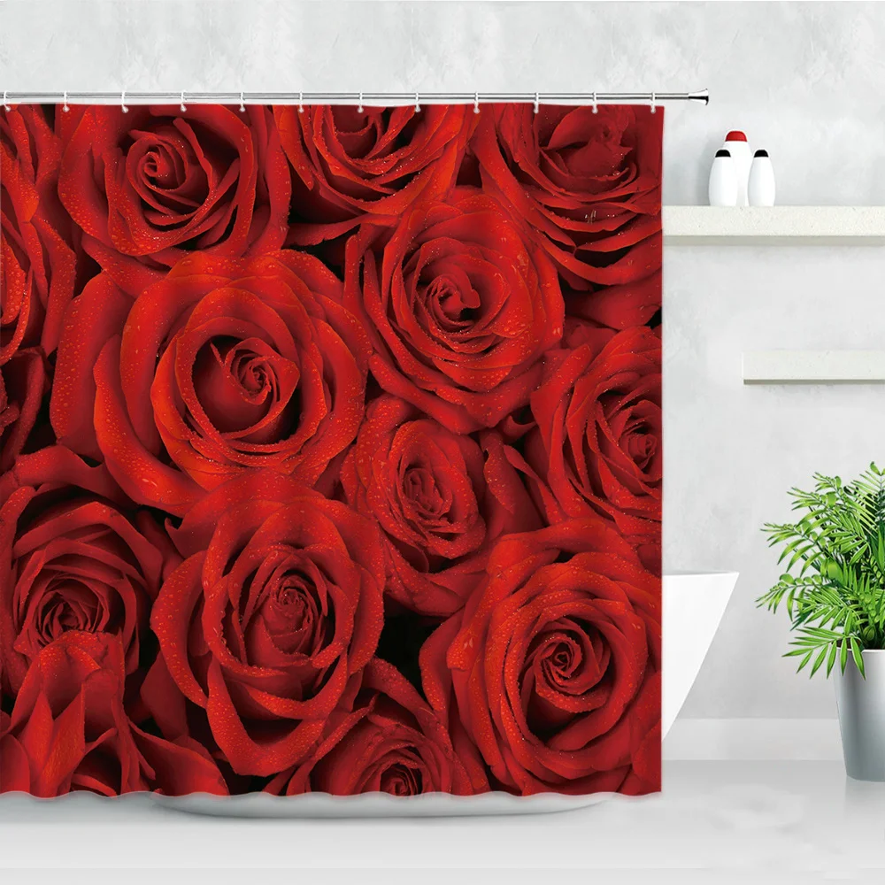 

Red Rose Flowers Shower Curtain Set Natural Floral Romantic Valentine's Day Home Decor Waterproof Fabric Bathroom Curtains Gift