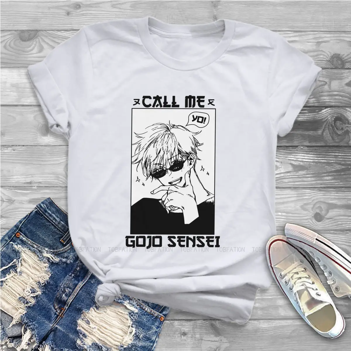 

Футболка женская с надписью «Yo Call Me Gojo Sensei»