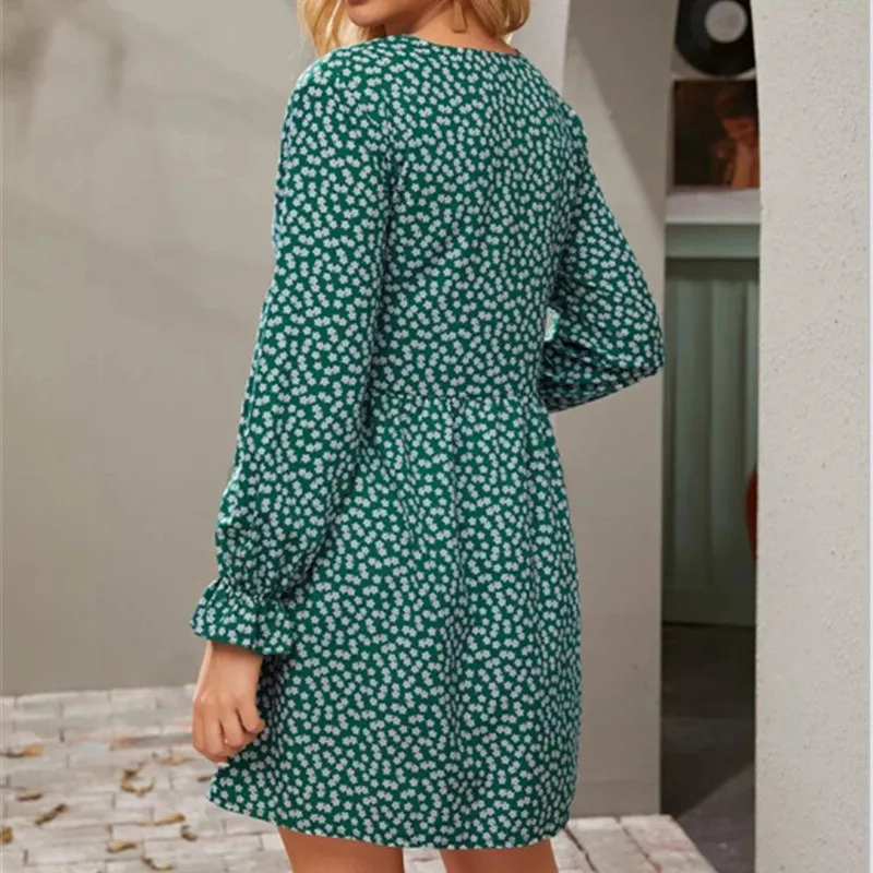 

2020 Summer Elegant Women Print Mini Dress Fashion Casual Petal Sleeves V-neck Green Dress