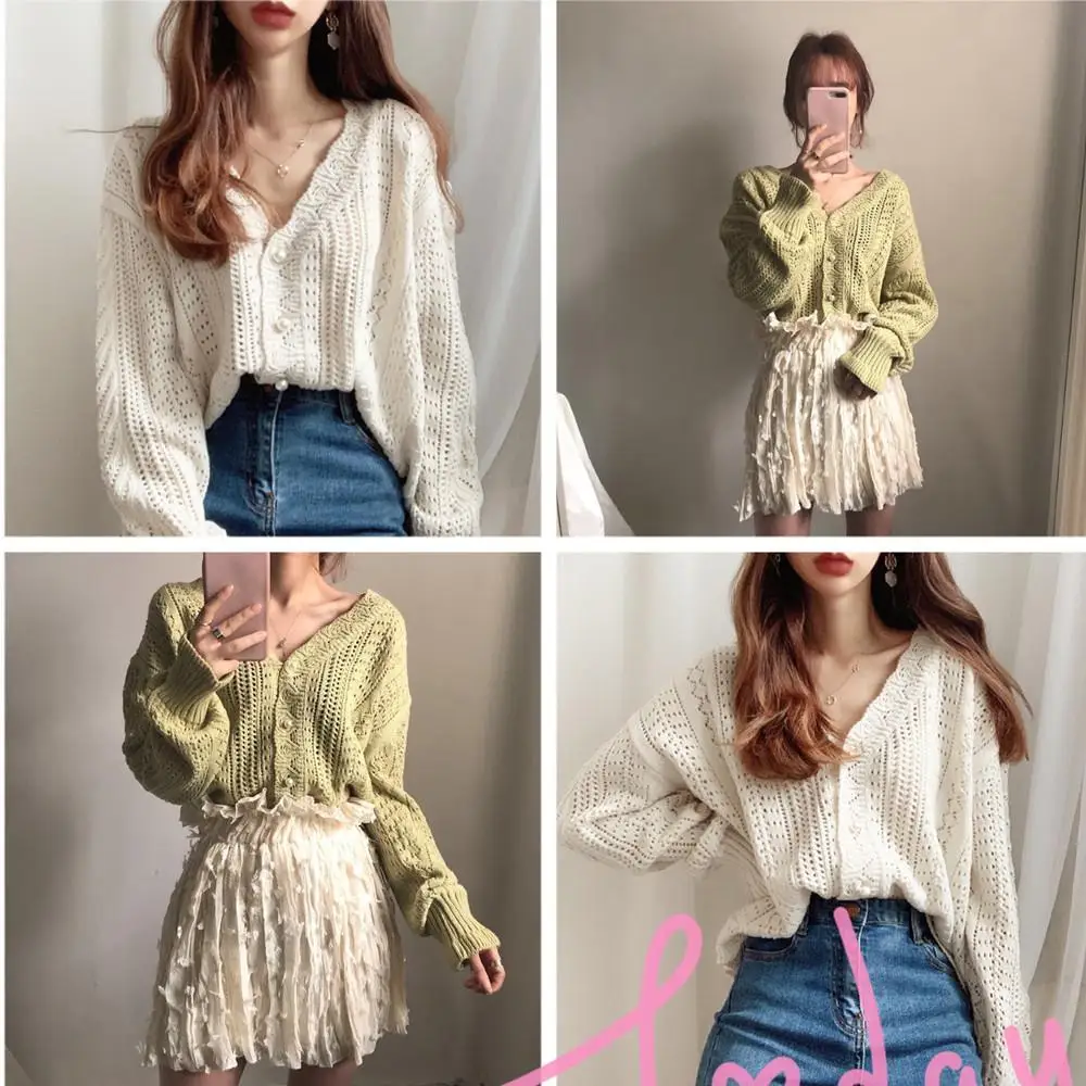 

Vintage Crochet Lace hollow sweet foreign style age reducing versatile knitted cardigan sweater