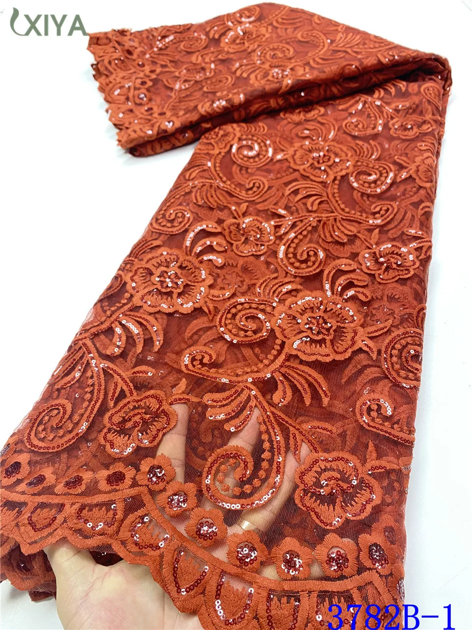 

Orange Milk Silk Lace Fabric with Sequins African Tissue Laces Fabrics Nigerian Milk Fiber Lace Fabric for Sewing APW3782B