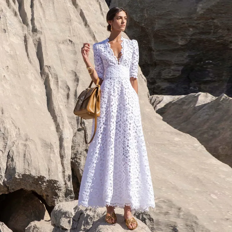 

HIGH QUALITY 2021 Summer New V-Neck Half Sleeve Hollow Out Guipure Lace Maxi Long Dress