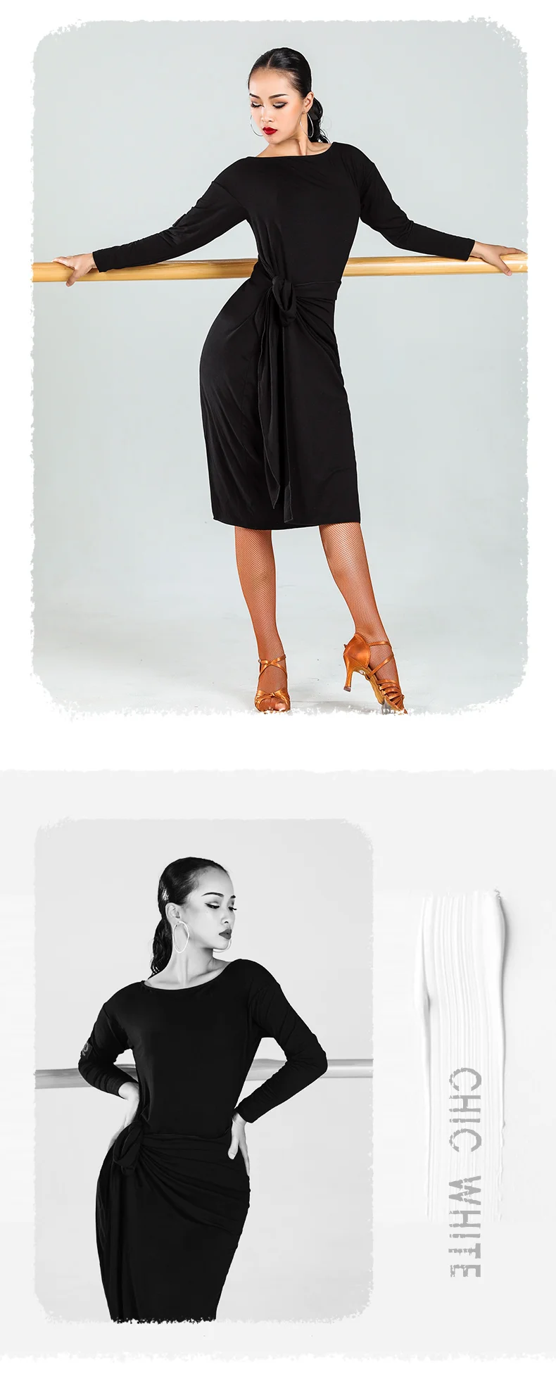 Latin Dance Dress Salsa Tango Rumba Cha Cha Samba Practice Clothes Women Black Long Sleeves Loose Performance Dresses DN4370