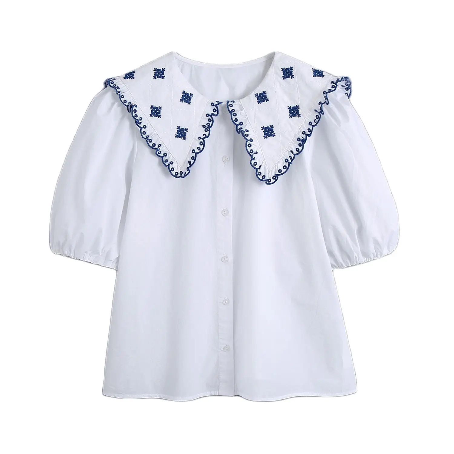 

Puff sleeve straight women's blouse summer 2021 Embroidery solid white elegant shirt for lady Peter pan collar shirt female