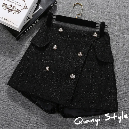 Skirt Shorts Autumn Winter Clothes Womens New Loose High Waist Bright Silk Small Fragrance Shorts Ladies Boots Shorts Short - Цвет: Черный
