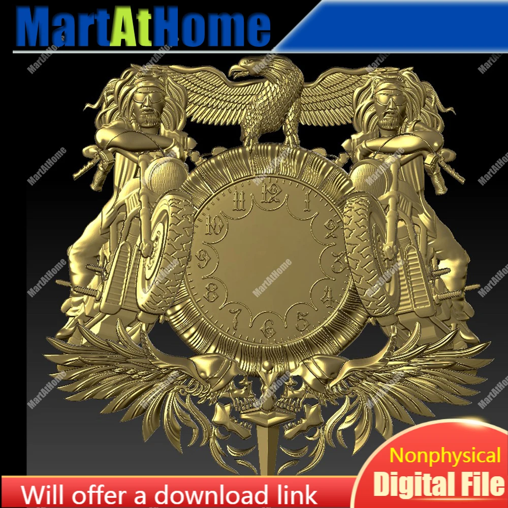 3D модель STL BMP JDP файл Круглый Резной рисунок Орел Мотоцикл настенные часы для ЧПУ