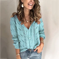 single breasted woman v neck cardigan solid hollow out blue color elegant knitted sweaters female casual outwear autumn