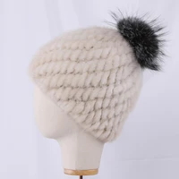 2020 100 real mink fur hat women winter knitted beanies russian girls cap with silver fox fur pom poms thick female cap elastic