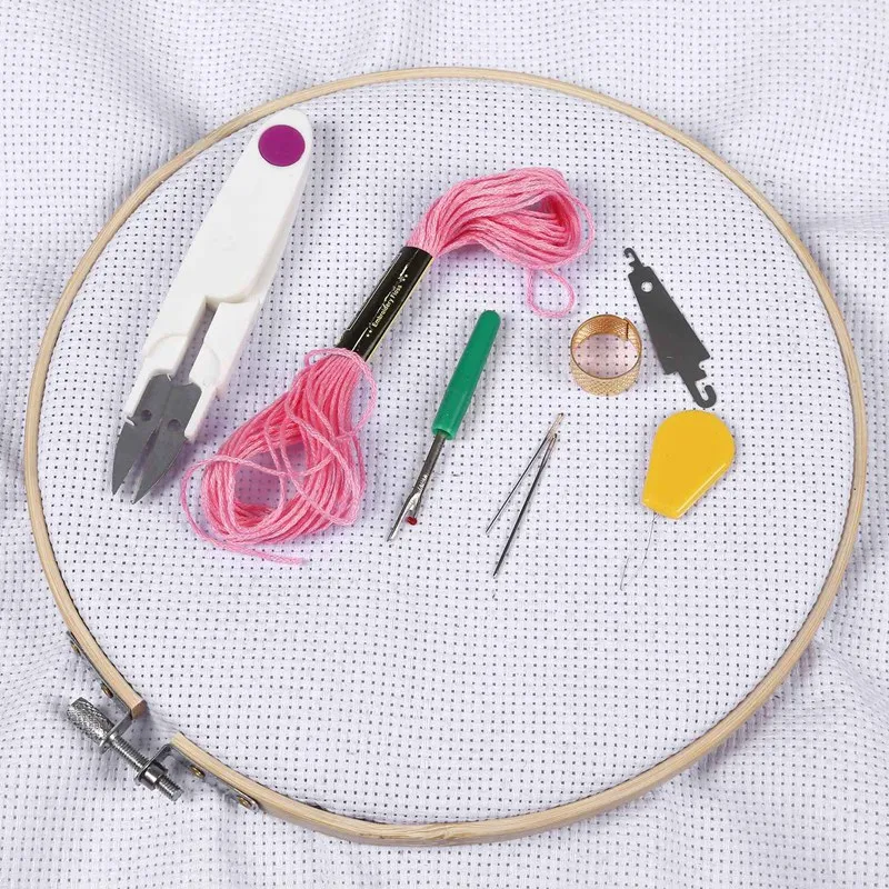 Full Set of Embroidery Starter Kit Cross Tool Including 5 Bamboo Hoop 50 Vivid Color Threads 12 by 18-Inch 14 C | Дом и сад
