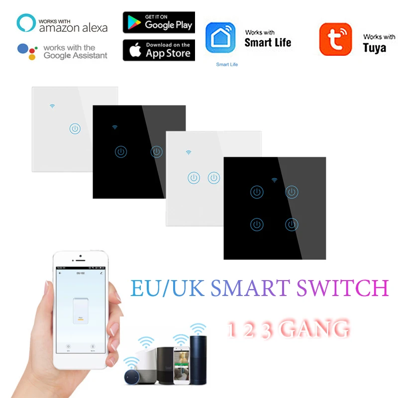 

Tuya Smart Wifi Touch Light Switch Wall Switch No Neutral Wire Single Fire EU/UK 1 2 3 4Gang Smart Life Tuya App Control Alexa