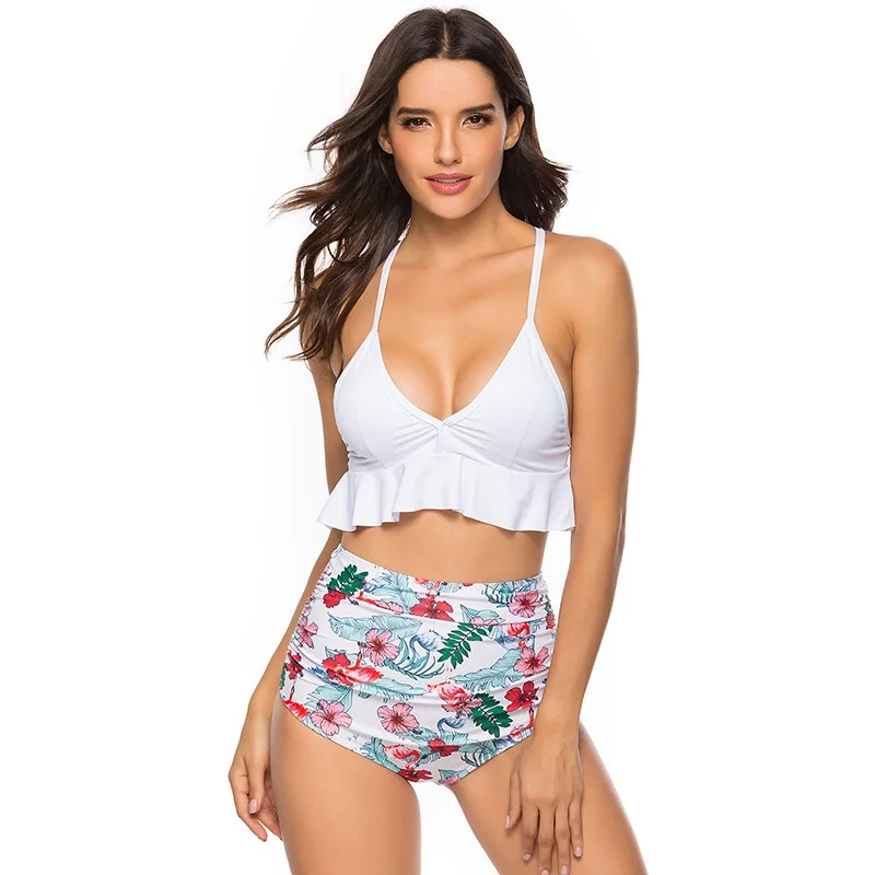 

2022 New Style High Quality Bikini Floral Print High Waist Sexy Swimwear Ruffled Back Cross Swimsuit Women