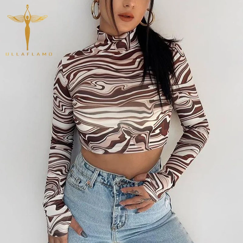 

Y2K Printed Sexy Backless Cropped Tops Women Tie-Dyed Half High Collar Short Tee-Shirt Base Skinny T-Shirt Female Long-Sleeve