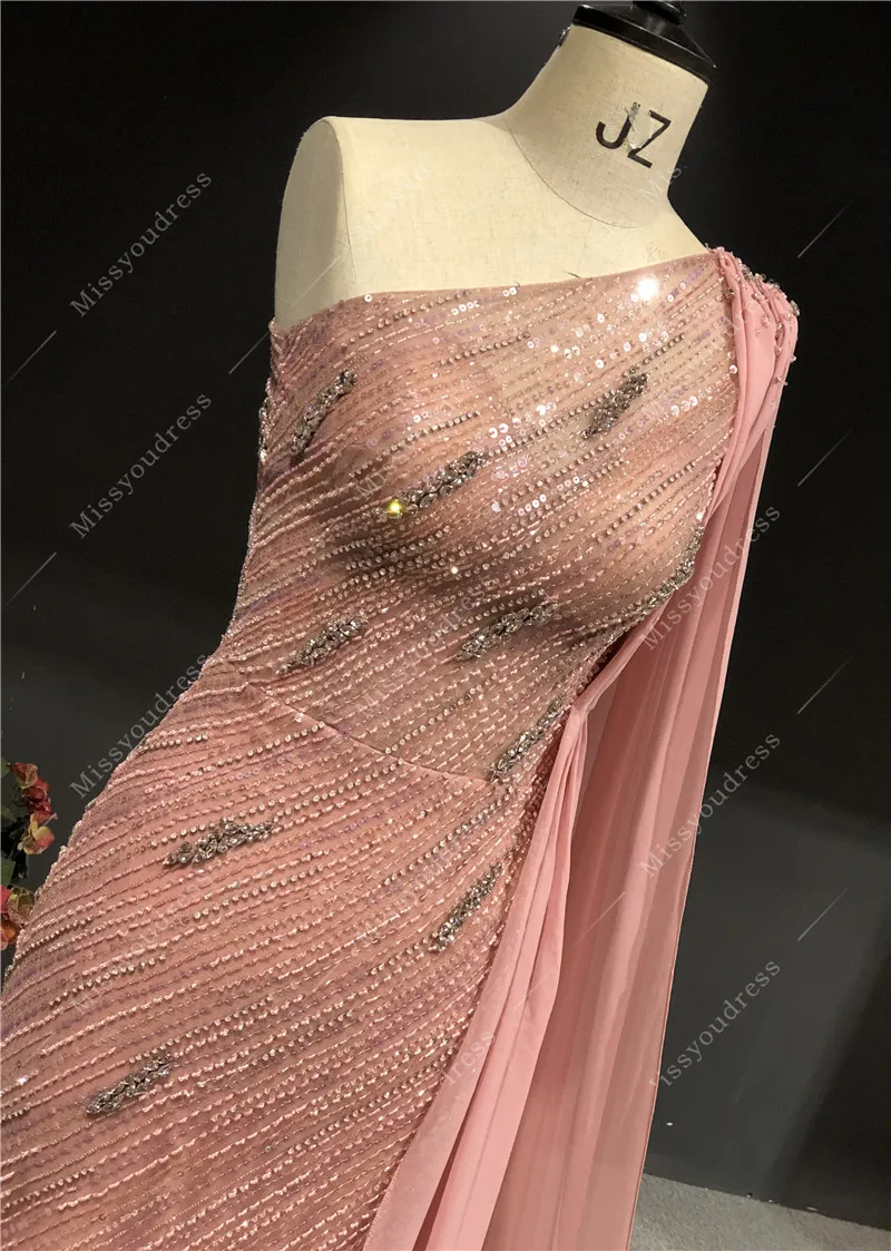 2021 Newest High Quality Luxurious Pink Heavy Beadings Mermaid One Shoulder Sleeveless Floor-Length Prom Party Evening Dresses