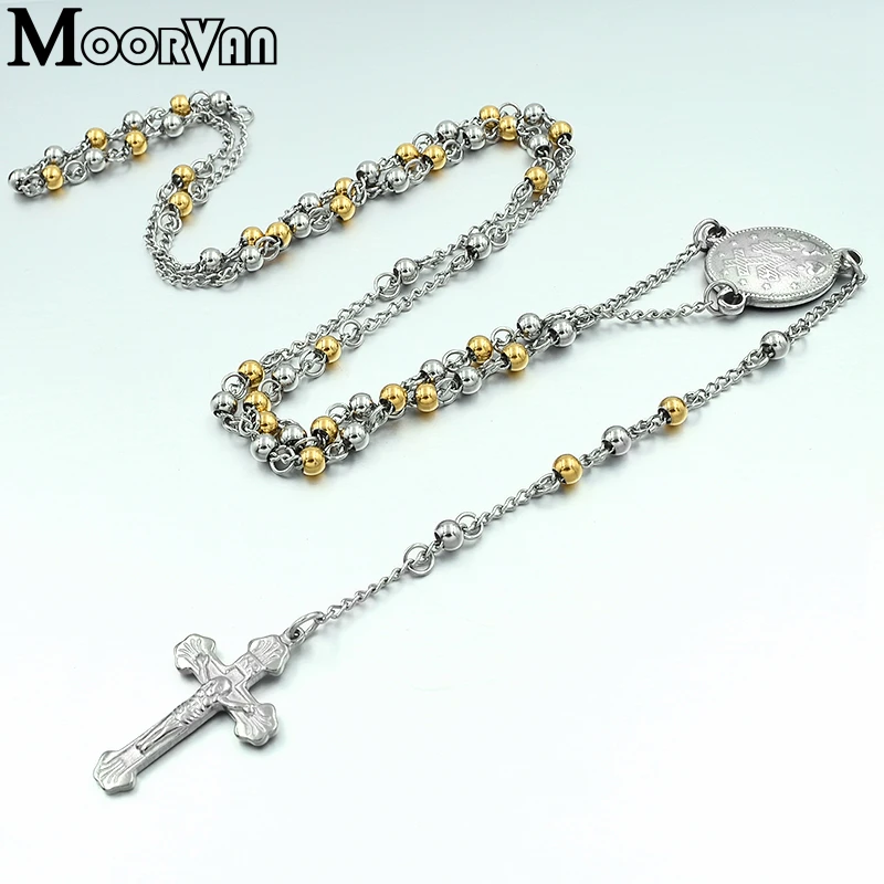 

Moorvan NECKLACE,punk religious beads 60cm 4mm stainless steel for men charm cross y necklaces,round shaped VRN73