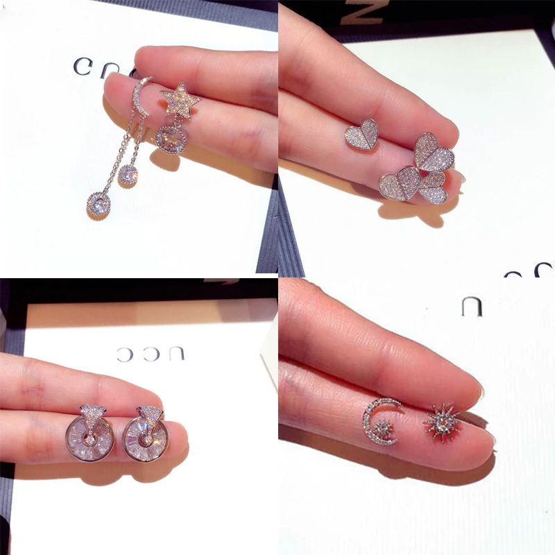 S925 стерлингового серебра Цвет с милым сердечком Bling CZ камень циркон серьги со